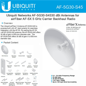 ANTENA UBIQUITI AIRFIBER (PLATO) AIRMAX HIGH PEFORMANCE BRIDGE OUTDOOR 5.8GHZ 450+ MBPS, 30DBI (AF-5G30-S45)